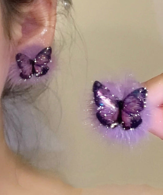 Boucles d'oreilles à tige en argent sterling violet chic et dorées, en fourrure duveteuse et papillon - Wavlynn