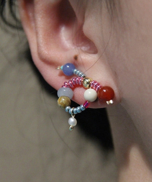 Boucles d'oreilles à tige chics en argent sterling avec nœud en jade et agate surdoré - Wavlynn
