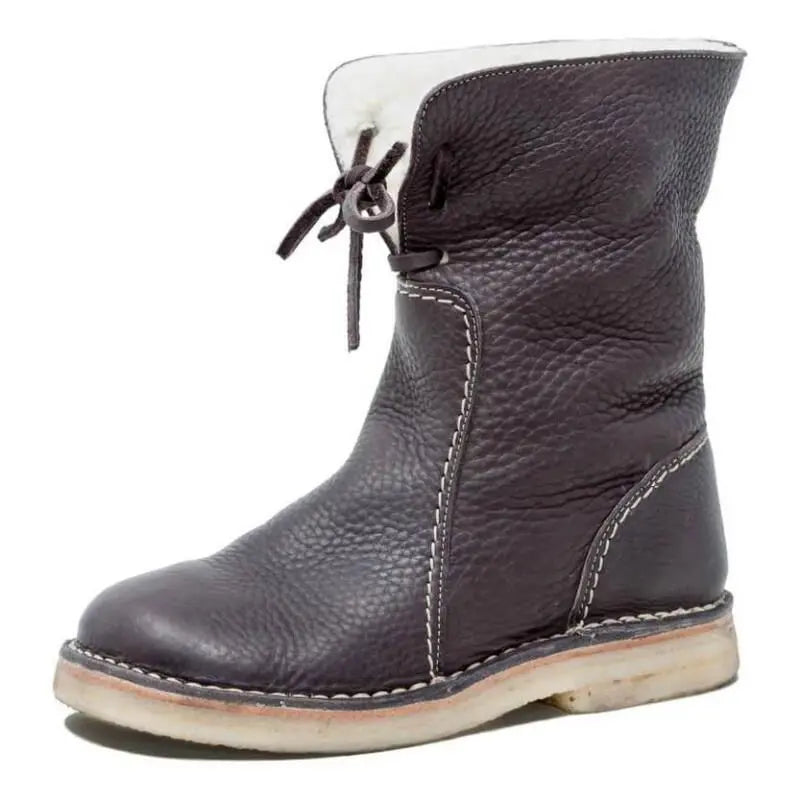 Black women's lace-up waterproof winter boots with rubber sole and warm cotton lining
