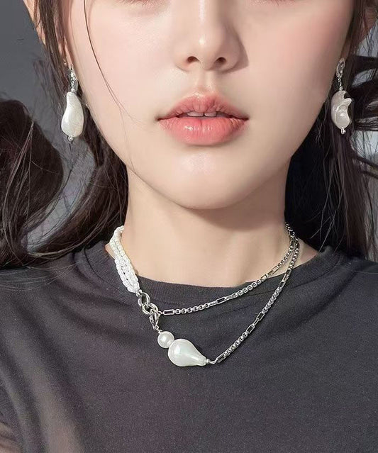 Collier chic en acier inoxydable blanc avec chaîne de perles graduées - Wavlynn