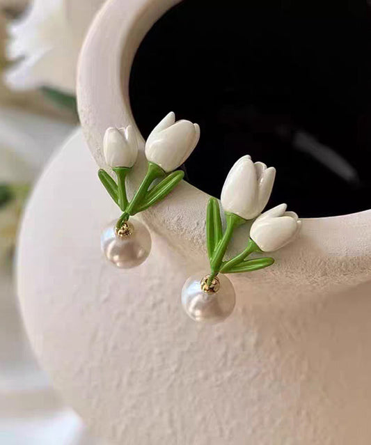 Boucles d'oreilles à tige chics en alliage d'argent sterling et de perles blanches en forme de tulipe - Wavlynn