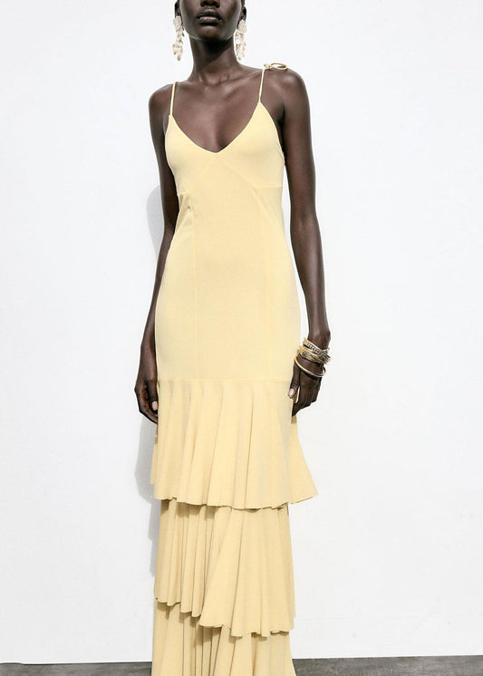 Robe d'été chic à bretelles spaghetti en mousseline de soie jaune à volants et patchwork - Wavlynn