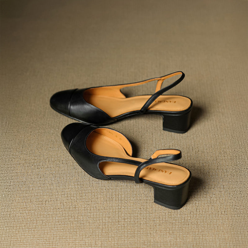 Genuine leather slingback heels in neutral tone, square toe silhouette with slim ankle strap