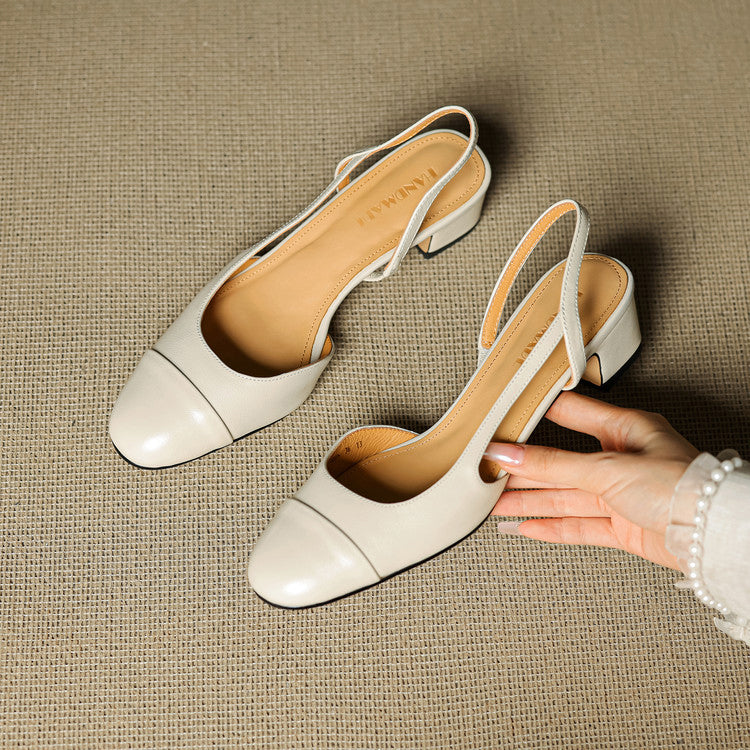 Genuine leather slingback heels in neutral tone, square toe, slim strap, polished chic silhouette