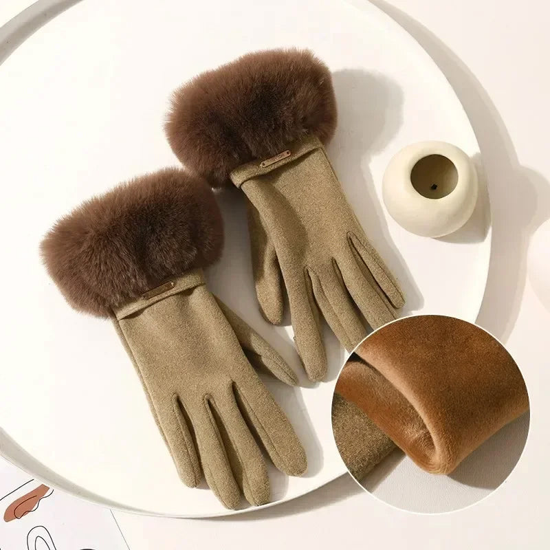 Black suede winter gloves with luxurious plush faux-fur cuff, elegant feminine silhouette