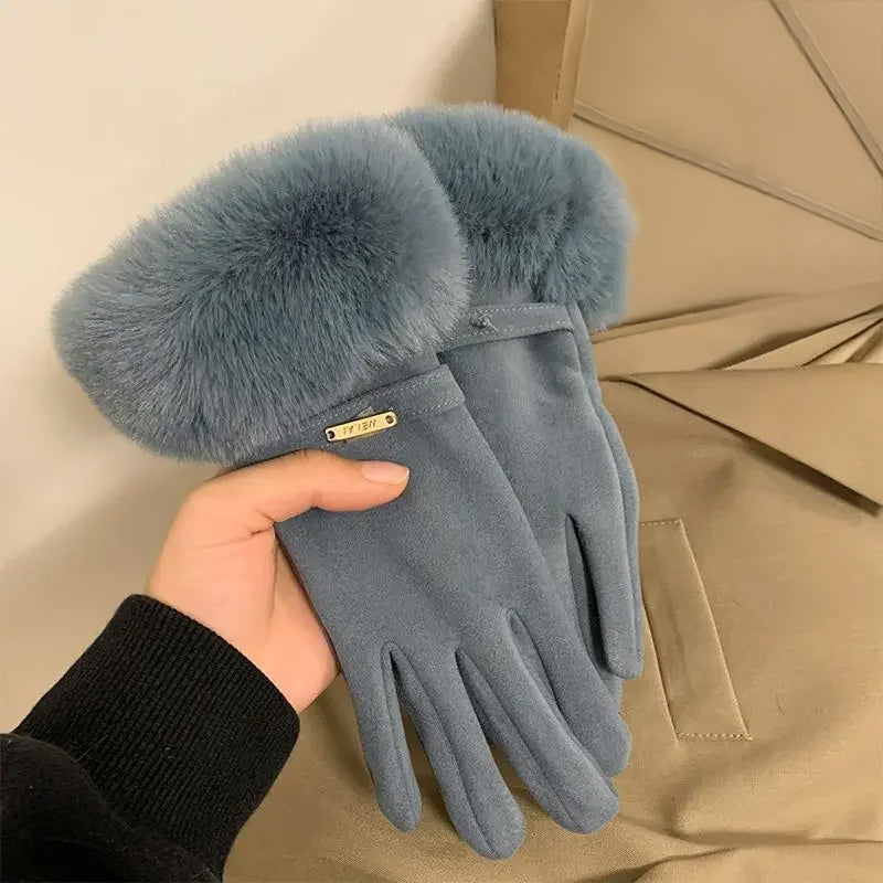 Black suede winter gloves with plush faux-fur cuff, elegant feminine style for cold weather