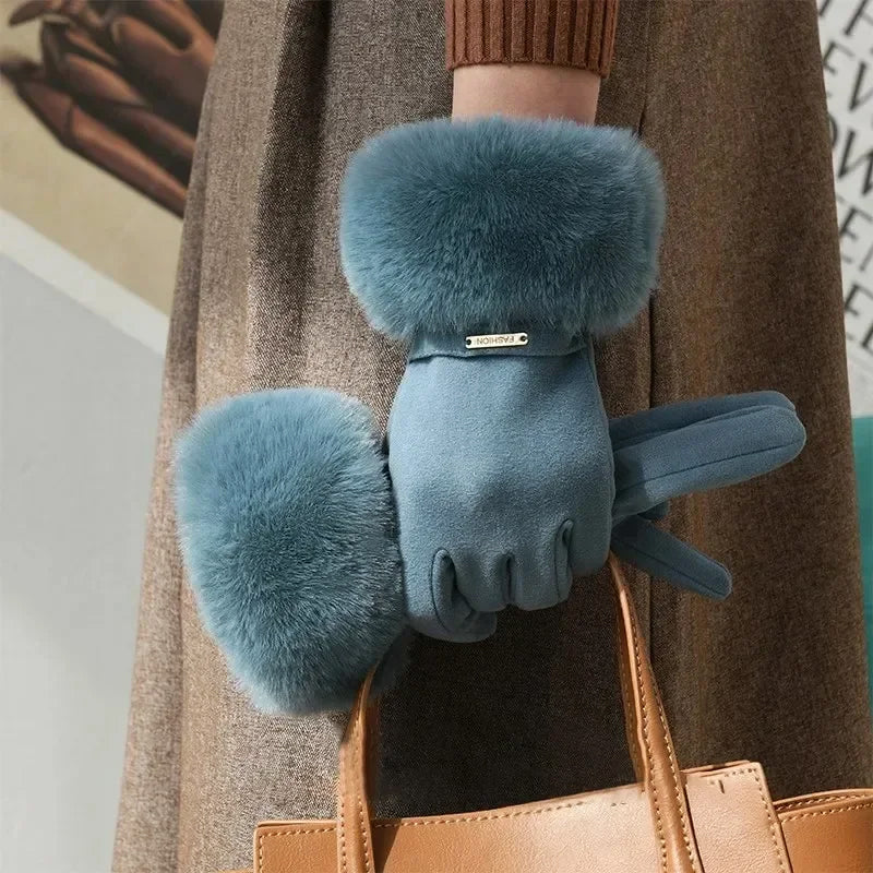 Women's black suede winter gloves with luxurious faux-fur plush cuff, elegant feminine style