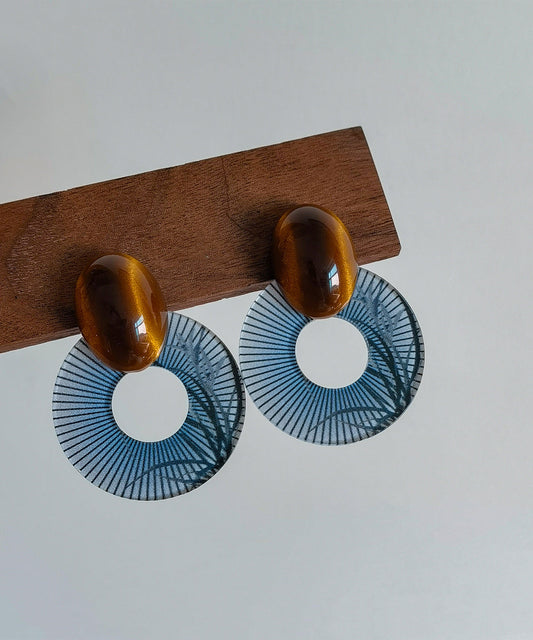 Boucles d'oreilles créoles en alliage acrylique bleu et ambre de style chinois - Wavlynn