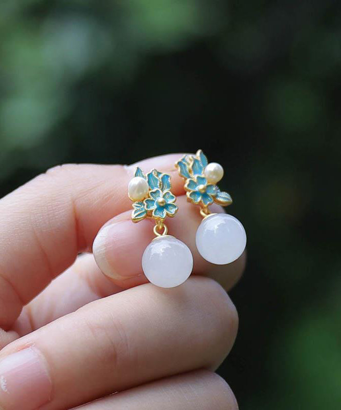 Boucles d'oreilles pendantes en forme de fleur de jade bleu antique de style chinois - Wavlynn