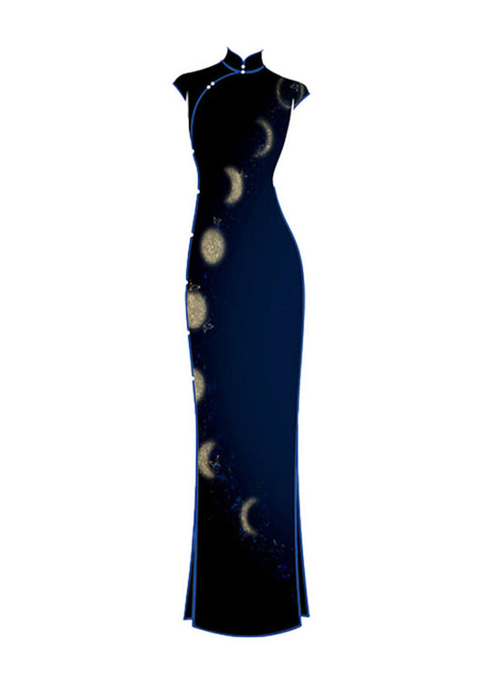 Robe longue bleue à col montant et manches courtes, style chinois - Wavlynn