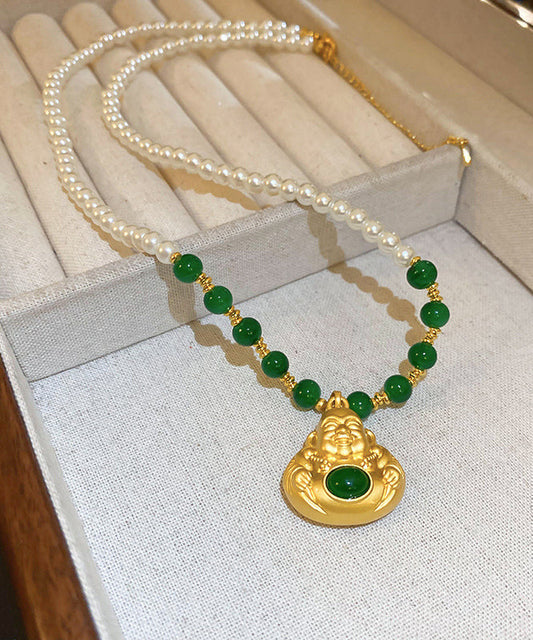 Collier avec pendentif en forme de statue de Bouddha en alliage de cuivre colorblock de style chinois - Wavlynn