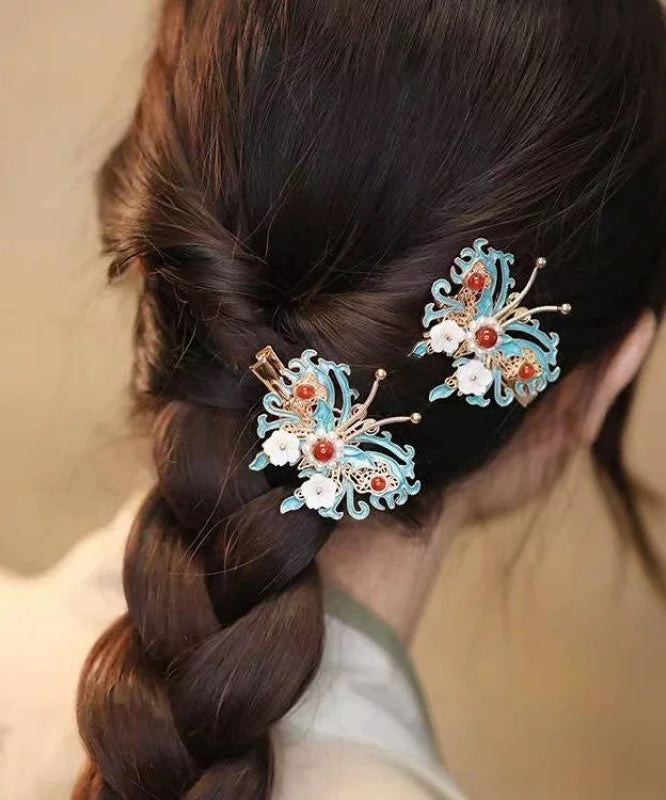 Épingle à cheveux en argent sterling colorblock de style chinois avec clochette, orchidée, papillon et perles - Wavlynn