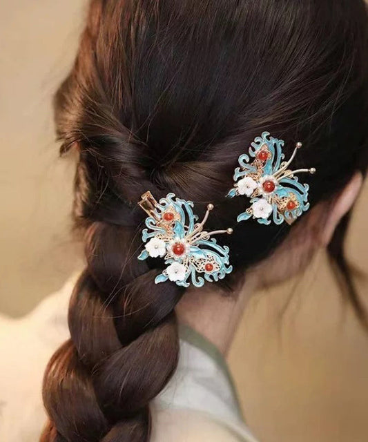 Épingle à cheveux en argent sterling colorblock de style chinois avec clochette, orchidée, papillon et perles - Wavlynn