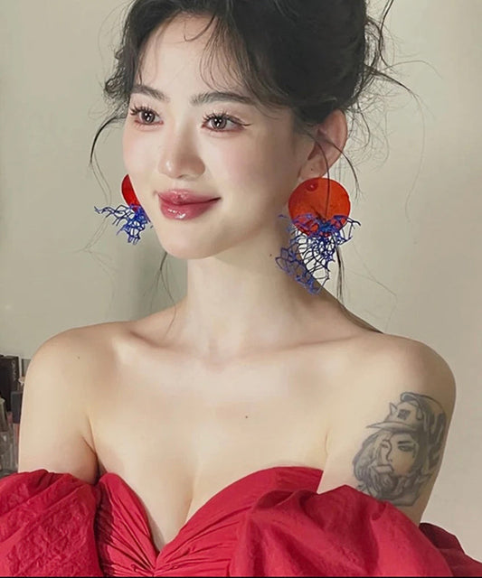 Boucles d'oreilles pendantes ajourées en tulle colorblock de style chinois - Wavlynn