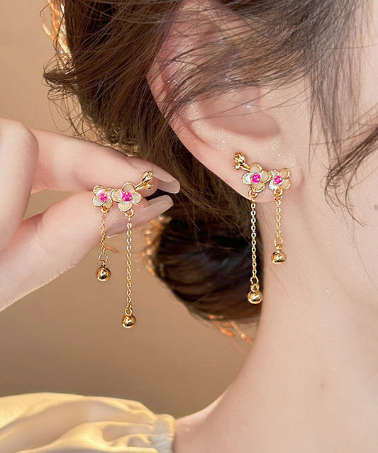 Boucles d'oreilles pendantes à pampilles en alliage de cuivre doré de style chinois en forme de fleur de pêcher - Wavlynn