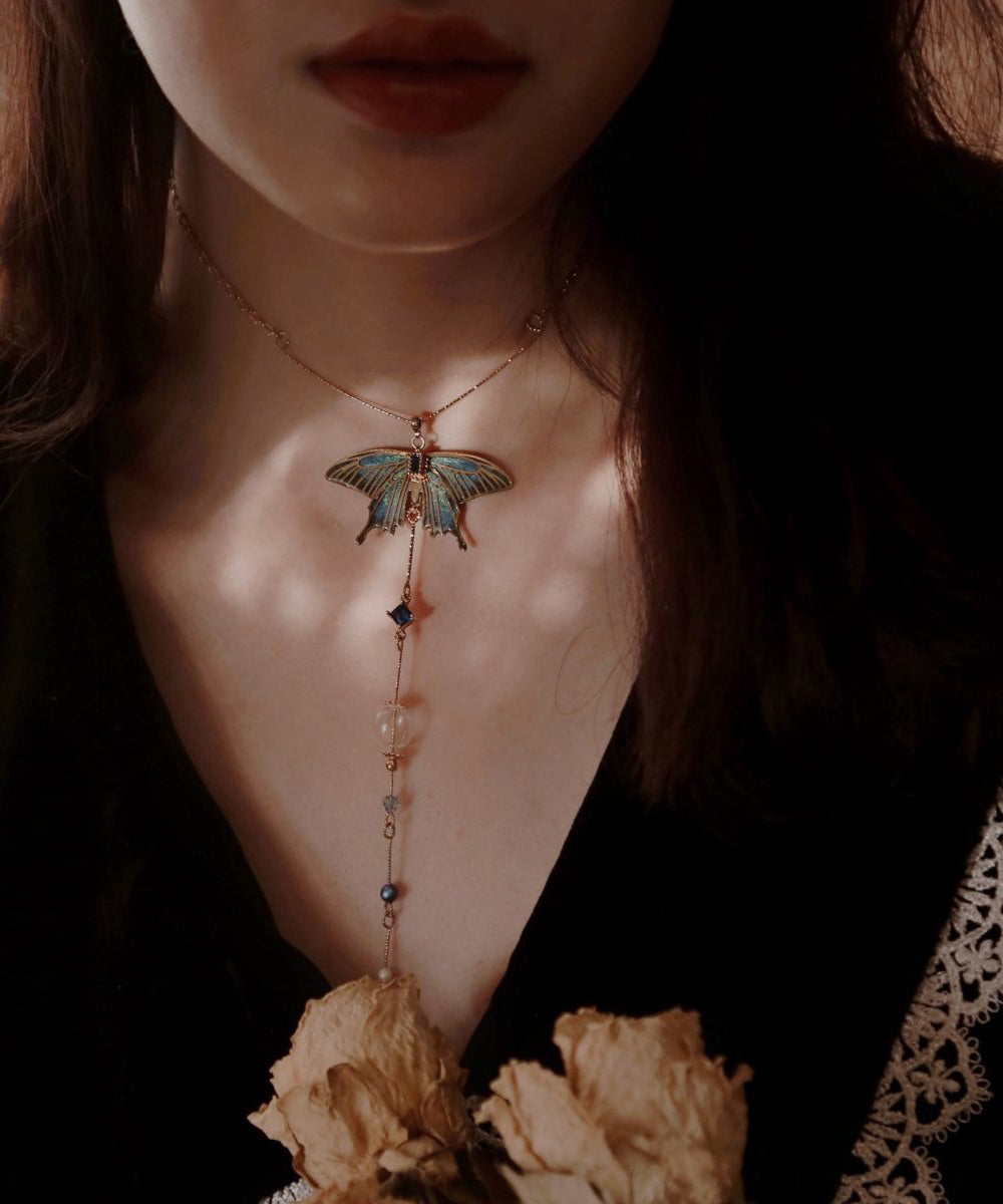 Collier avec pendentif en forme d'aile en perles de verre et zircon doré de style chinois - Wavlynn