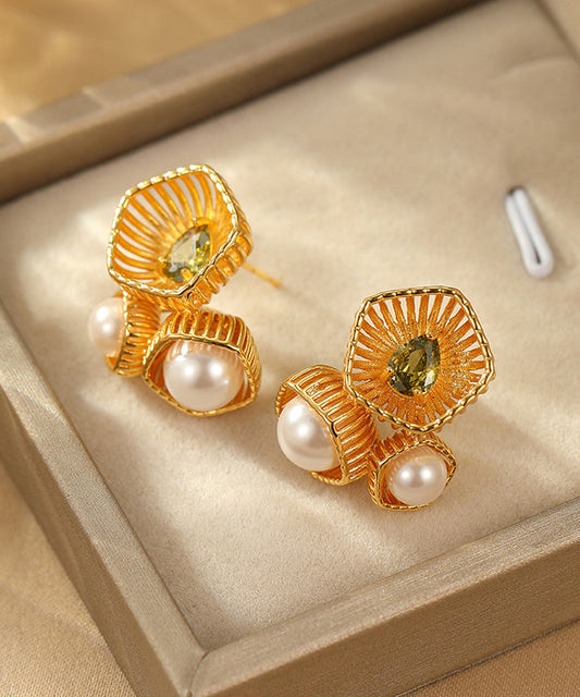 Boucles d'oreilles à tige creuses en métal doré et perles de zircon de style chinois - Wavlynn