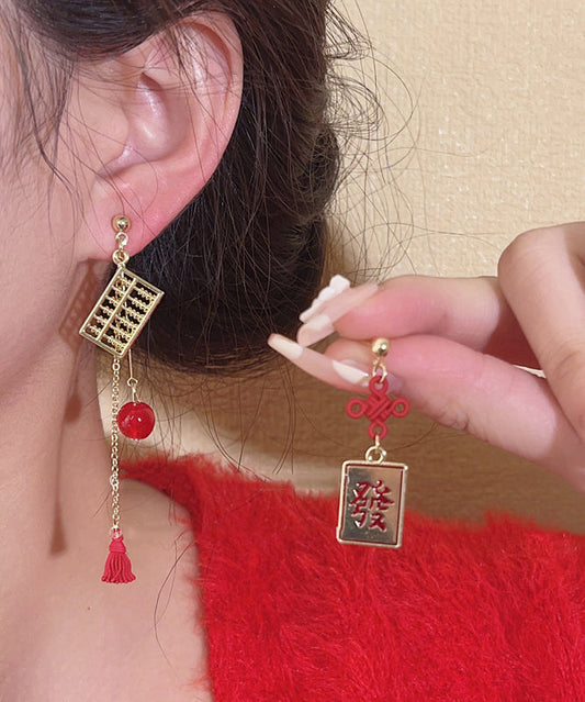 Boucles d'oreilles pendantes asymétriques en alliage d'or et d'argent sterling de style chinois, motif boulier chinois, nœud chinois et pompon - Wavlynn