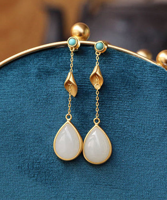 Boucles d'oreilles pendantes en argent sterling doré de style chinois avec pendentif en forme de goutte d'eau en jade turquoise - Wavlynn