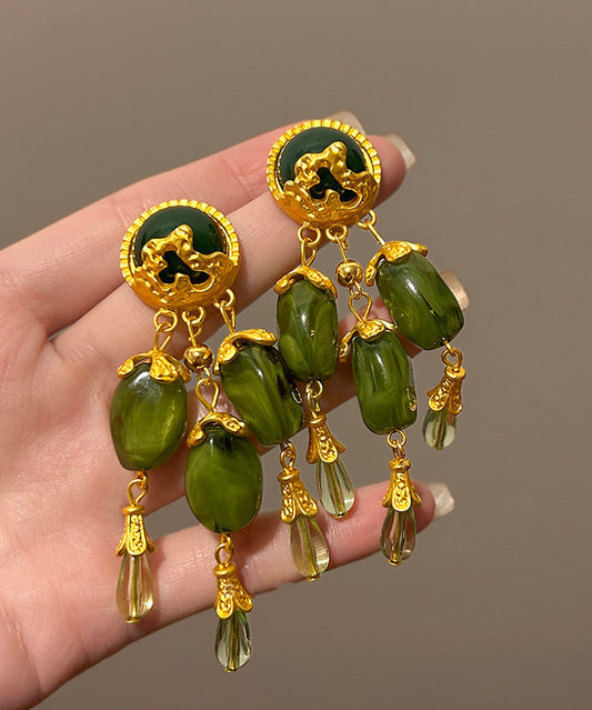 Boucles d'oreilles pendantes à pampilles en alliage de jade vert de style chinois - Wavlynn