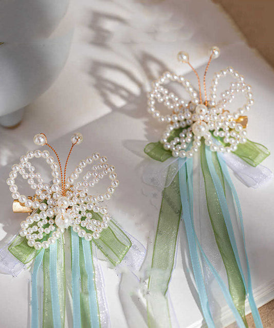 Épingle à cheveux papillon à pompon et ruban en alliage vert perle style chinois - Wavlynn