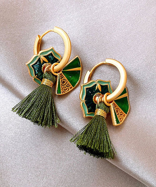 Boucles d'oreilles créoles à pampilles en alliage de cuivre vert de style chinois - Wavlynn