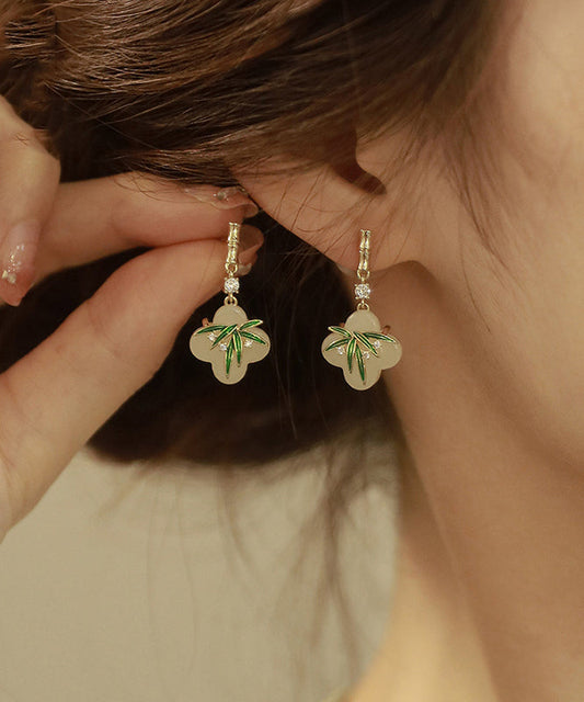 Boucles d'oreilles pendantes en forme de feuille de bambou, en alliage de cuivre vert et résine de zircon, de style chinois - Wavlynn