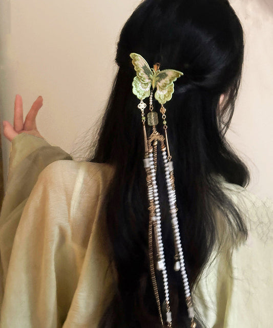 Épingle à cheveux à pompon en perles et broderie papillon en cuivre vert de style chinois - Wavlynn