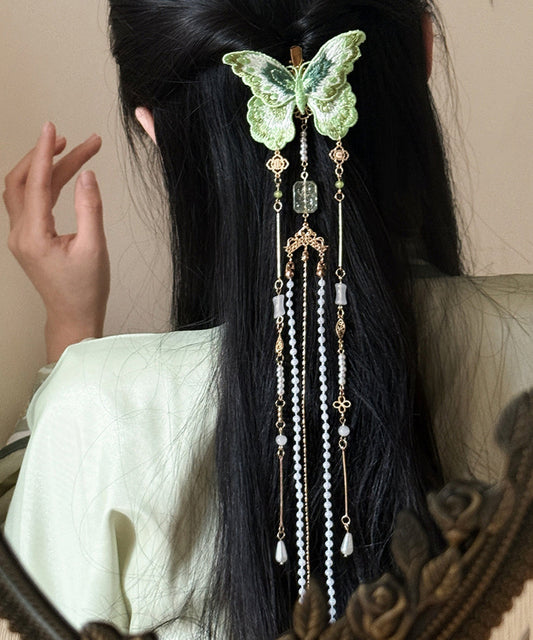 Épingle à cheveux papillon brodée de perles de cuivre vert style chinois - Wavlynn
