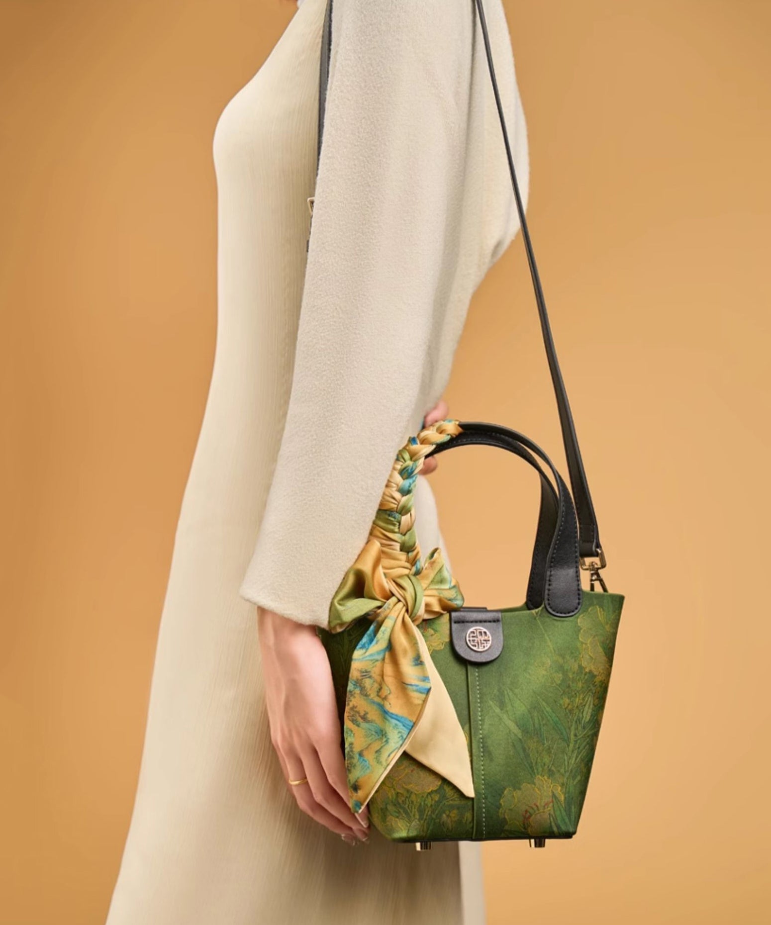 Sac fourre-tout polyvalent en soie à imprimé vert de style chinois - Wavlynn