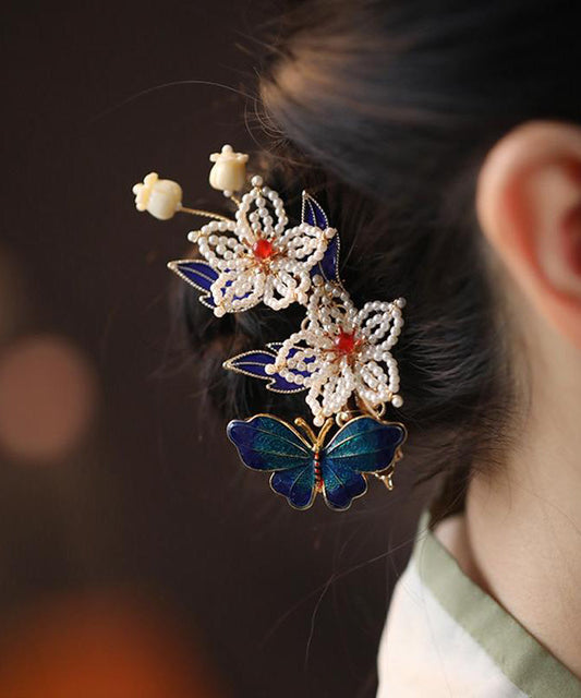 Épingle à cheveux papillon en argent sterling multicolore de style chinois avec perles surdorées - Wavlynn