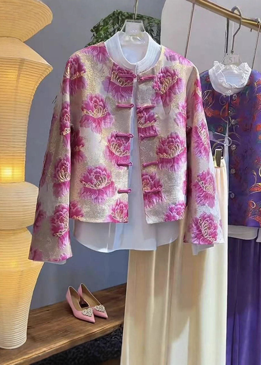 Manteaux imprimés roses à col rond style chinois - Wavlynn