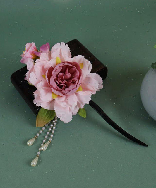 Épingle à cheveux à pompon en bois rose de style chinois avec perles et pivoine - Wavlynn