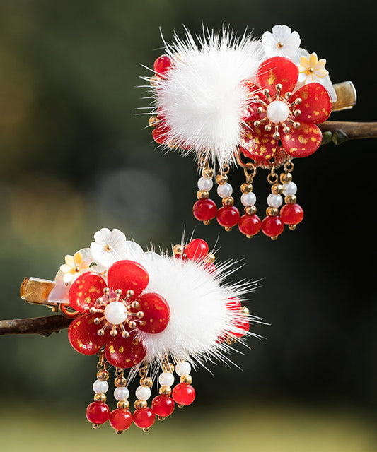 Épingle à cheveux pour enfants, style chinois, en alliage rouge, perle, fleur de prunier, vison, velours, pompon - Wavlynn