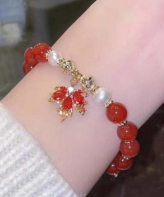 Bracelet à breloques en alliage de cuivre rouge de style chinois avec perles et feuilles d'érable en agate - Wavlynn