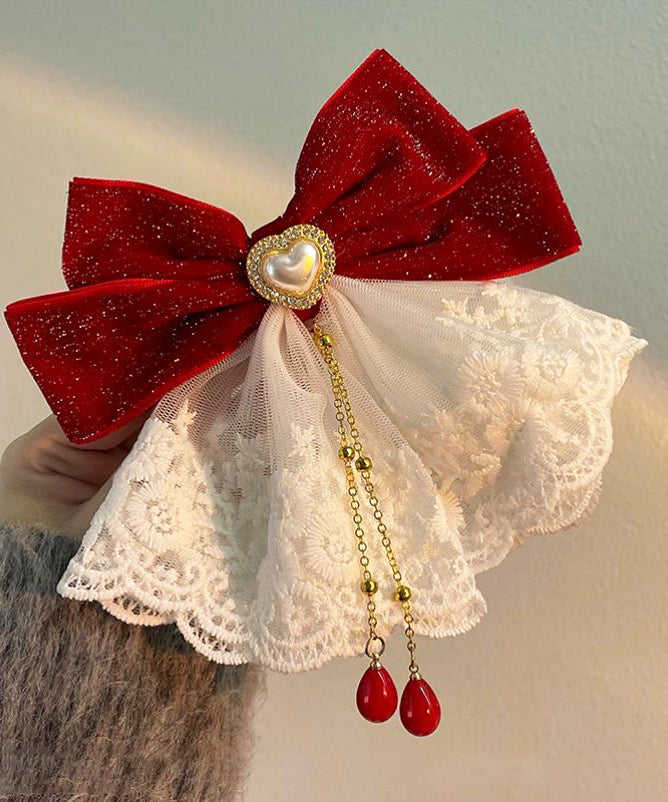 Épingle à cheveux papillon en dentelle et perles rouges de style chinois - Wavlynn