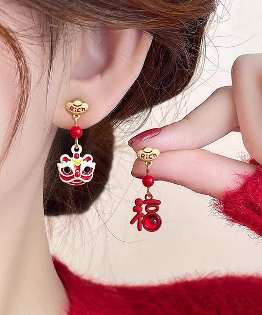 Boucles d'oreilles pendantes asymétriques en alliage d'argent sterling rouge de style chinois, motif lion - Wavlynn