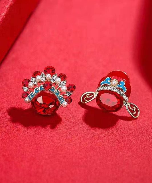 Boucles d'oreilles à tige asymétriques en argent sterling rouge et zircon surdoré de style chinois - Wavlynn