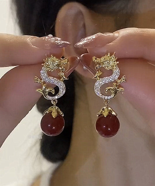 Boucles d'oreilles pendantes en forme de dragon, en argent sterling rouge et zircone surdoré, style chinois - Wavlynn