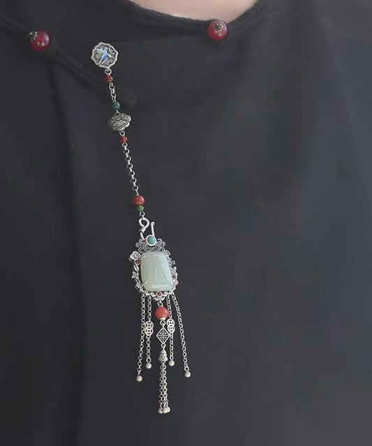 Broches à pampilles en argent sterling et soie de style chinois avec chaîne en jade - Wavlynn