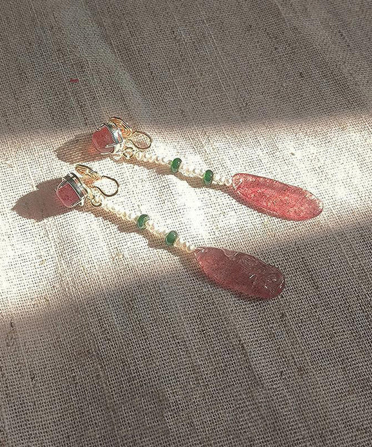 Boucles d'oreilles pendantes en résine et cristal rouge pastèque de style chinois - Wavlynn