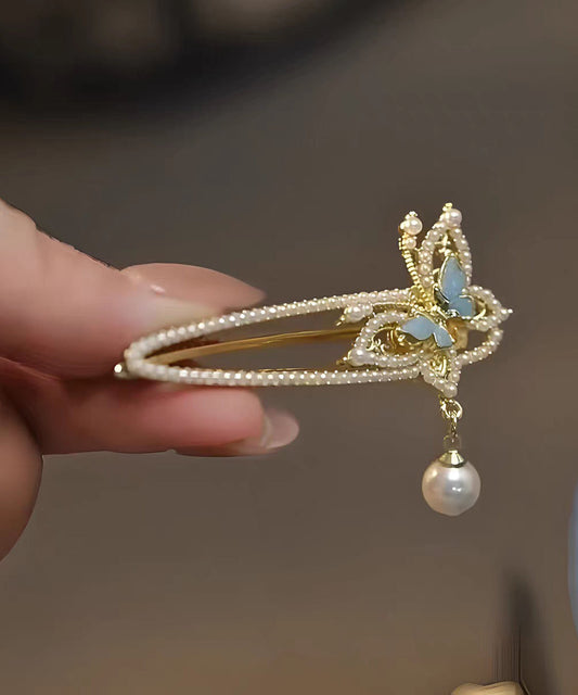Épingle à cheveux à pompon en alliage blanc de style chinois avec perles et papillon - Wavlynn
