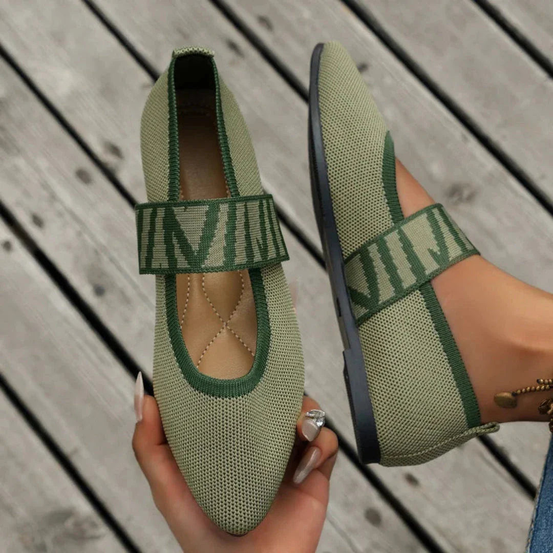 Chloe pointed-toe knit Mary Jane flats in neutral, slip-on silhouette with breathable soft knit upper