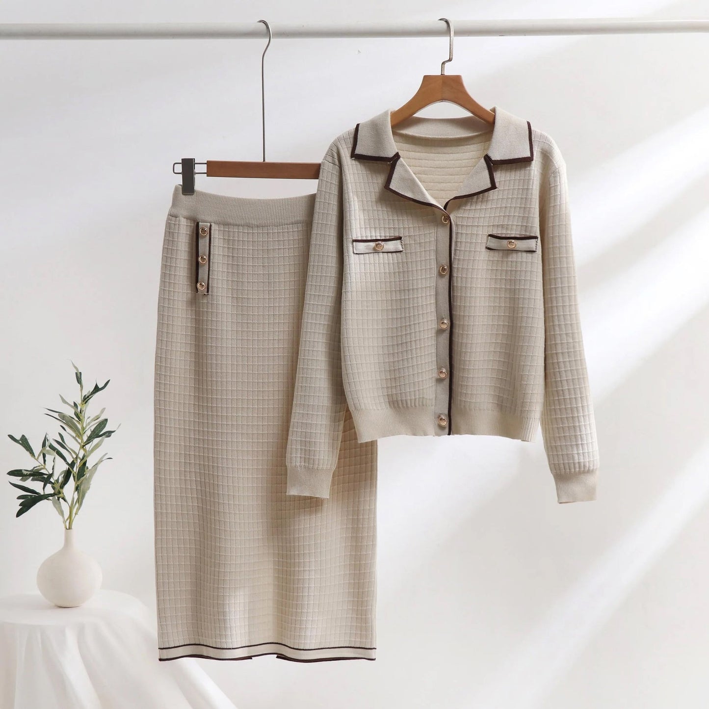 Women's textured knit two-piece set polo-neck cardigan slim pencil skirt sophisticated style