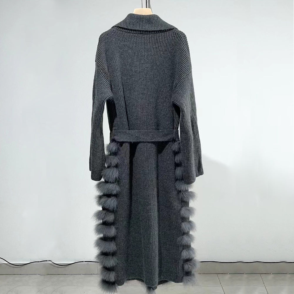 Chloé Montclair ivory wool cardigan with faux fur hem trim and waist belt, elegant winter style