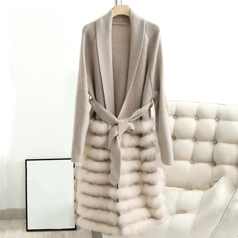Chloé Montclair ivory wool cardigan with faux fur hem trim and waist belt, cozy winter style