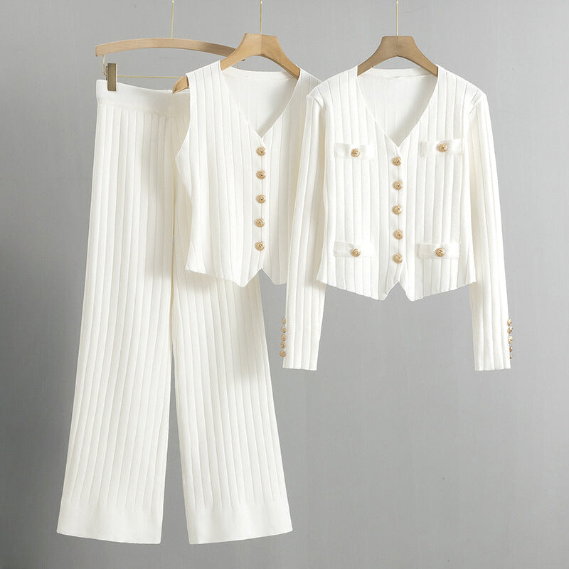 Beige knit three-piece set cardigan vest wide-leg pants SilkenWeave viscose fluid drape elegant luxury