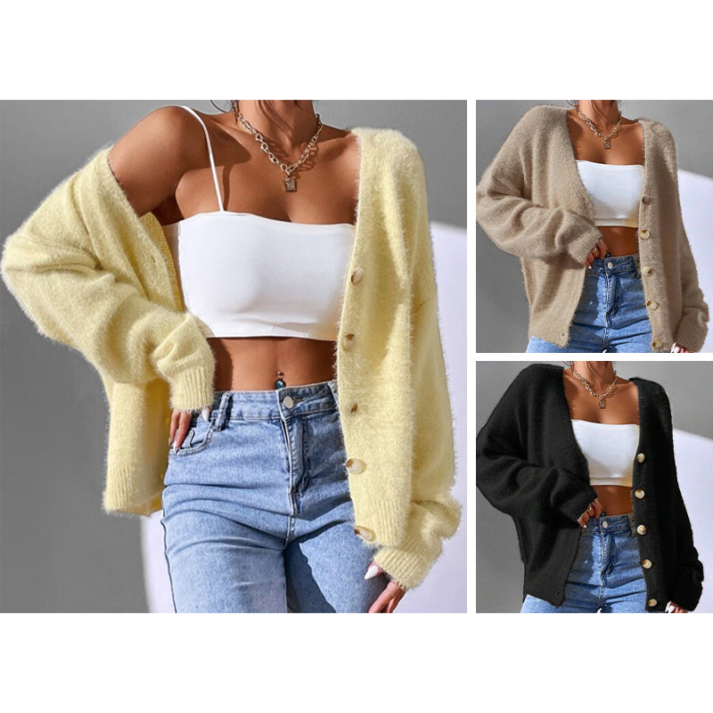 Chloé Montclair mink cardigan in neutral tone, plush faux mink texture, relaxed street-style silhouette