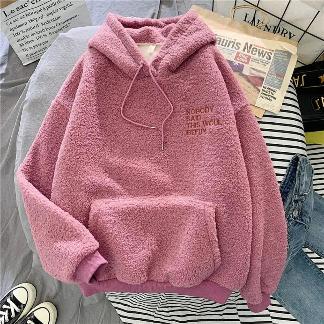 Chloe oversized fleece hoodie with embroidered "Nobody Said This Would Be Fun" statement drop-shoulder