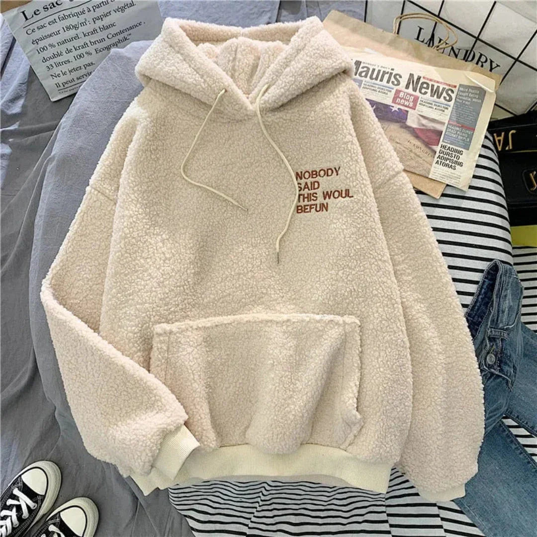Chloe oversized embroidered hoodie in fleece with drop-shoulder fit and Nobody Said This Would Be Fun slogan